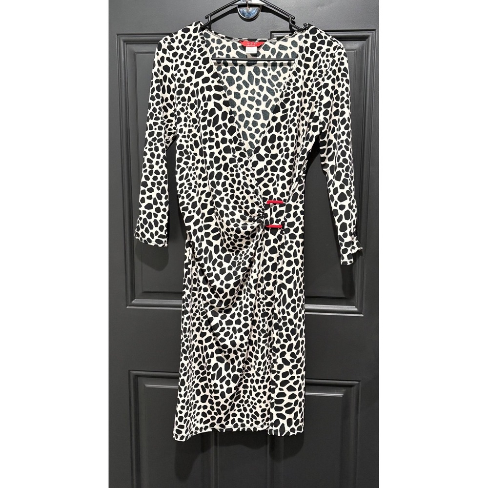 ABS Allen Schwartz Animal Print Faux Wrap Dress Black Cream Red Buckle XS